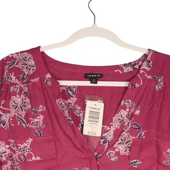 NEW Torrid Tunic Blouse Women Size 4X Deep Purplish Pink Floral Pockets Boho - Picture 5 of 10